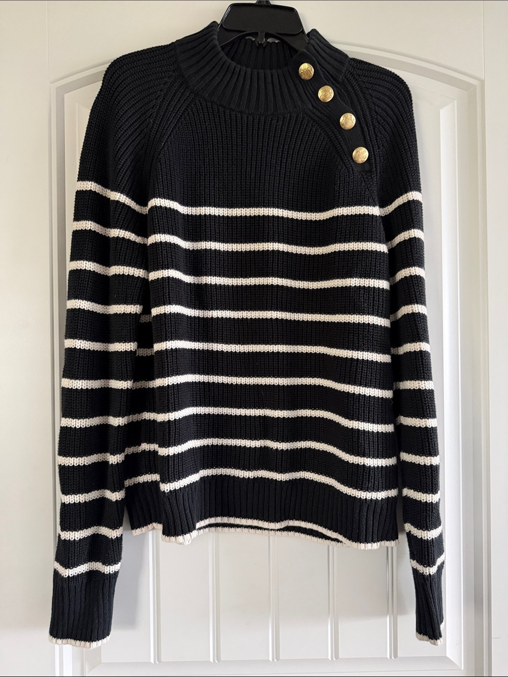 J. Crew Factory Black and White Striped Mock Neck Sweater with Gold Buttons